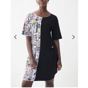Joseph Ribkoff Dress 14 Black Jersey Knit Urban Print Artsy Whimical Travel